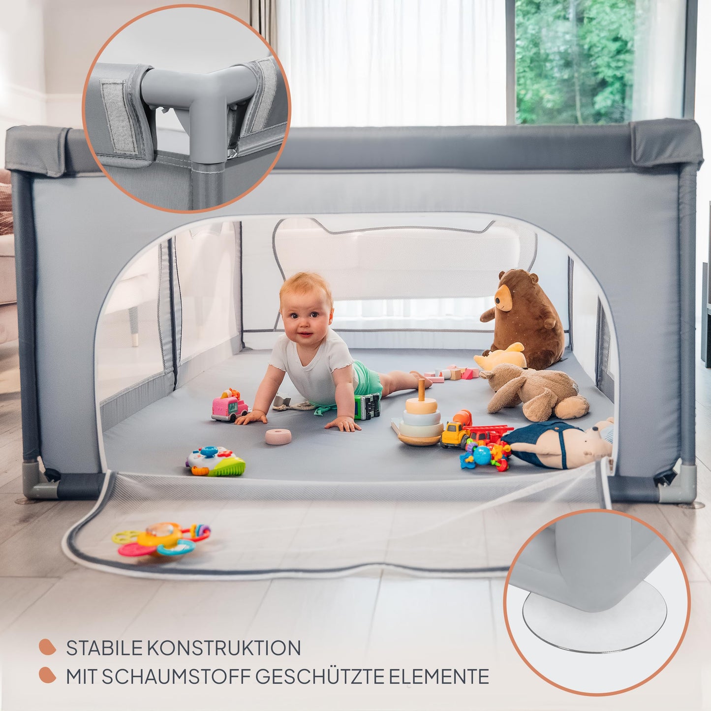 LIONELO WILLOW Baby Playpen from 0-48 Months Large Area 120 cm x 180 cm x 68 cm with Side Walls Made of Breathable, Durable Mesh Fabric, 2 Side Entrances with a Zip