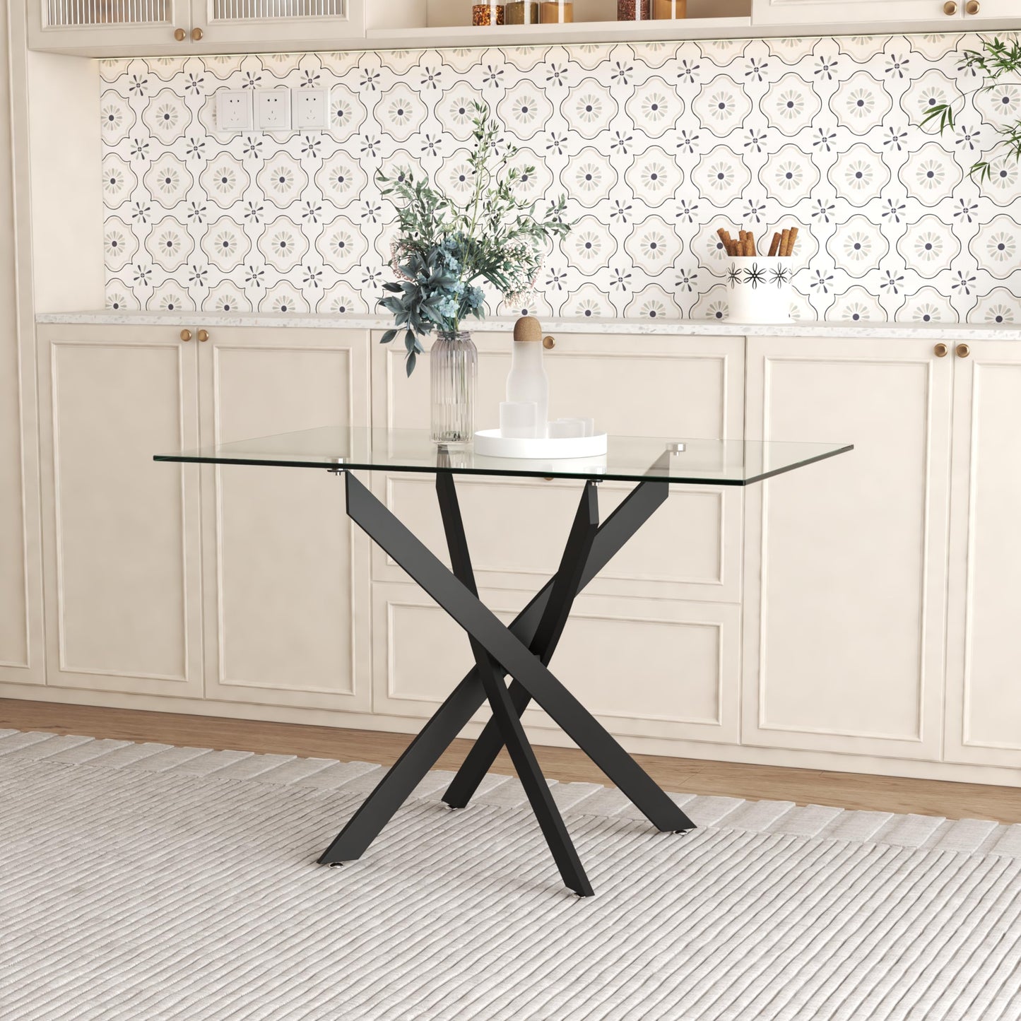GOLDFAN Glas Esstisch Küchentisch Glastisch Silberne Metalltischbeine Moderner Stil Quadratischen Tisch für Büro Küche 110cm