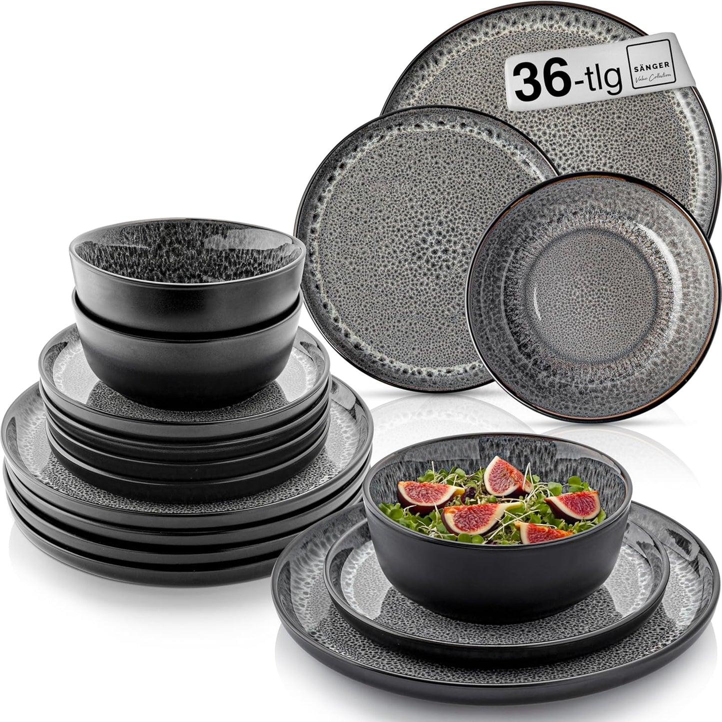 SÄNGER Manila Dinner Service for 6 People, Plate Set, Coffee Mug, Pasta Bowl, 30 Pieces, Stoneware Crockery Set, Dishwasher, Microwave, Scratch-Resistant, Blue with Black Rim, Value Collection