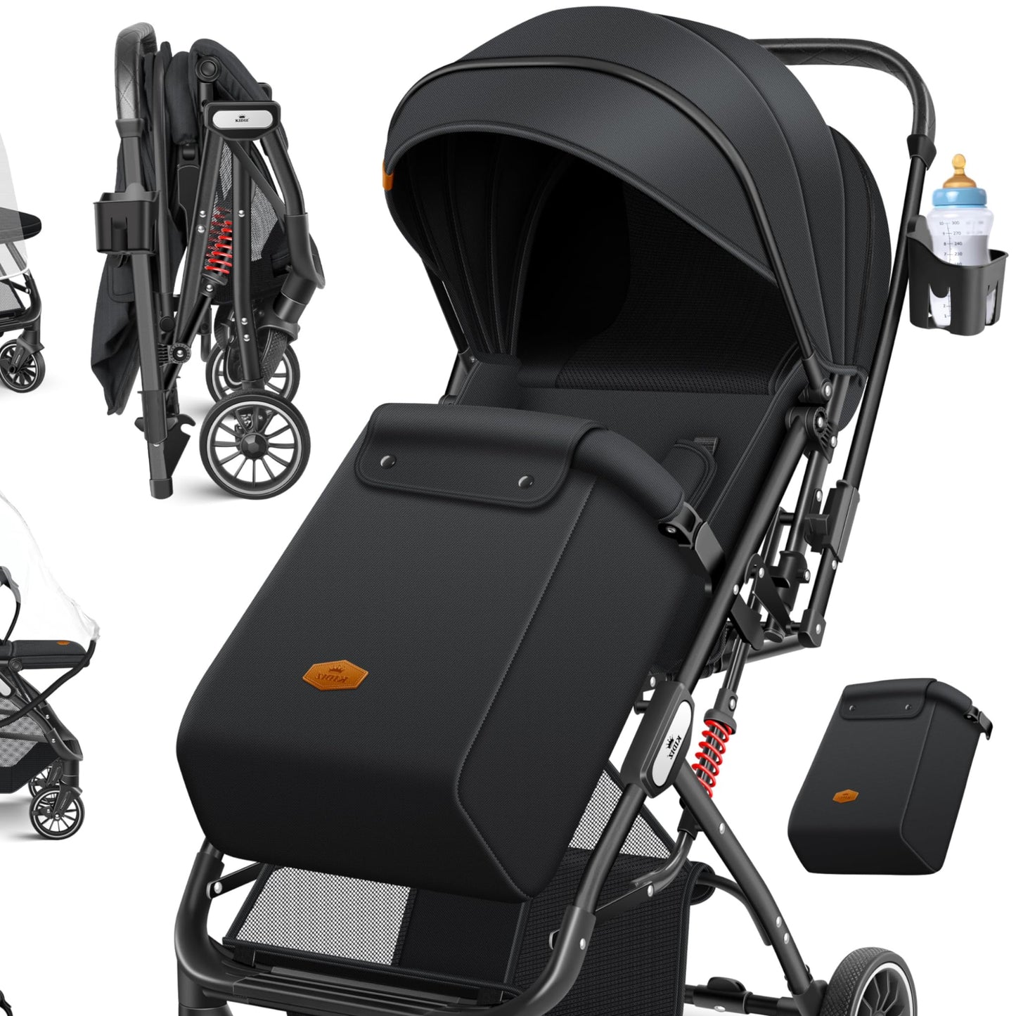 KIDIZ® Folding Pushchair Pushchair Pushchair Sports Pram Foldable 360° Wheels 5-Point Strap Including Footmuff, Drink Holder, Rain Cover & Mosquito Net Adjustable Backrest & Sun Canopy