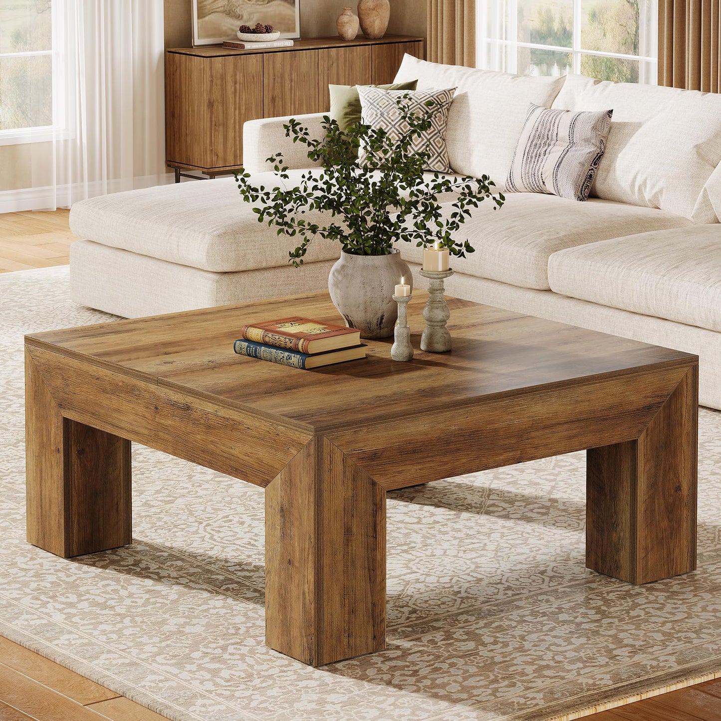 Tribesigns Coffee Table, Square Living Room Table, Coffee Table with Sturdy Wooden Feet for Couch Bedroom, 100 x 100 x 50 cm, Rustic Brown