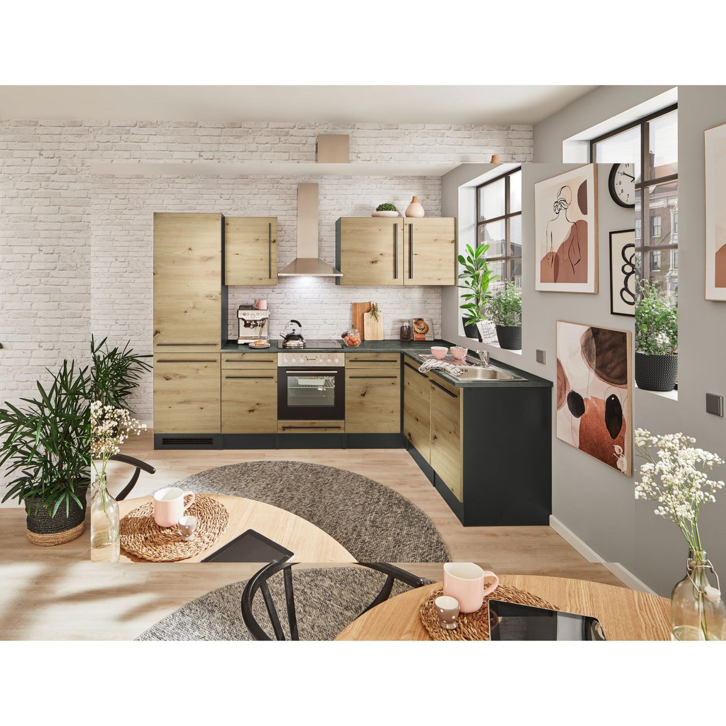 Jazz 8 Modern Corner Kitchen without Electrical Appliances in White High Gloss, Metallic Grey - Spacious Kitchen Unit in L-Shaped with Lots of Storage Space - 220 x 211 x 60 cm (W x H x D)