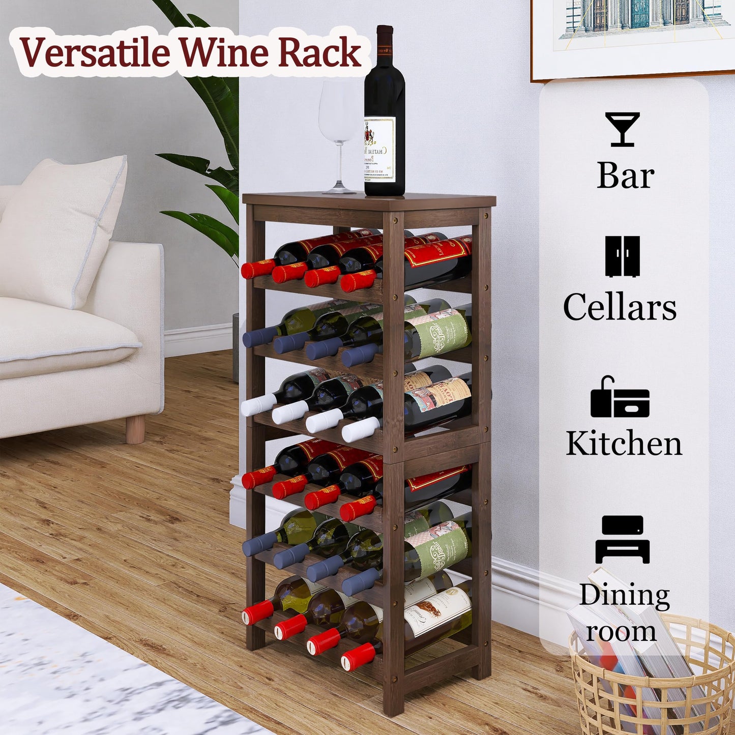 24 Bottle Wine Rack Freestanding Base, 6 Tier Wine Display Storage Shelves with Table Top, Bamboo Wine Bottle Holder Stand with Wave Bars for Kitchen, Dining Room, Pantry, Black