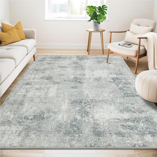 Guchuang Bedding Living Room Rug 140 x 200 cm, Grey Green Rug Vintage Mottled Smudged Design Short Pile Rugs, Washable Non-Slip Rugs for Bedroom