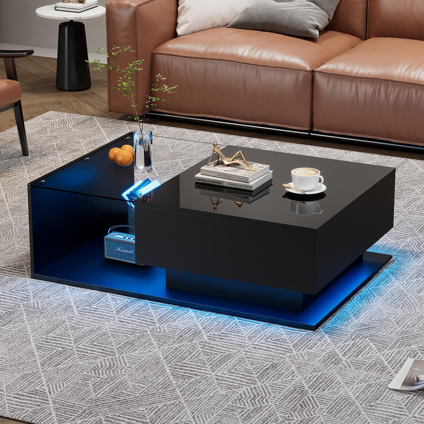 Merax Coffee Table LED High Gloss Middle Table Tea Table for Living Room Black Living Room Table with 2 Drawers and Open Compartment, Rectangular Side Table Sofa Table Coffee Table for Bedroom Office