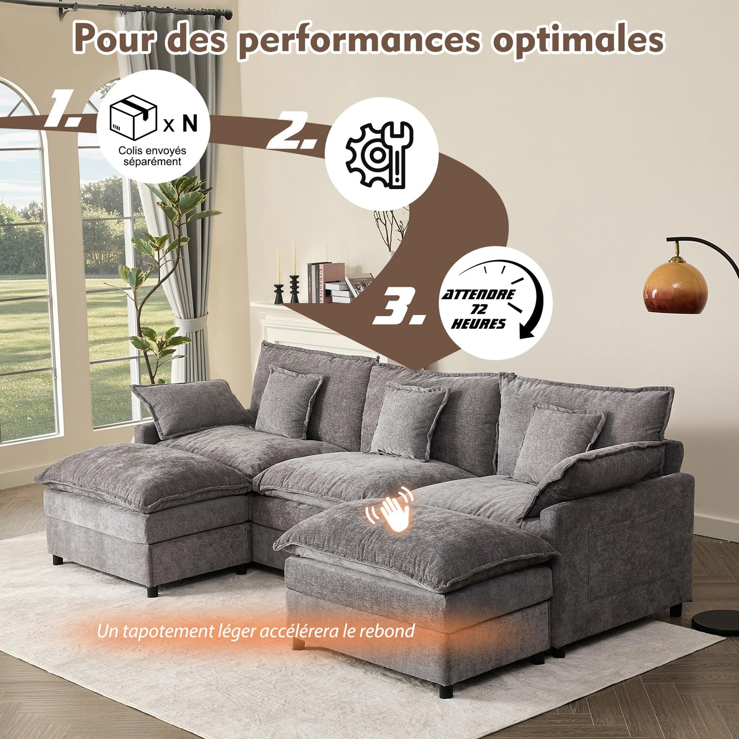 Litbird U-förmiges modulares Sofa 3-Sitzer Ecksofa mit Hocker, tiefes Sitzdesign, Cloud Couch für Wohnzimmer(Hellbraun)
