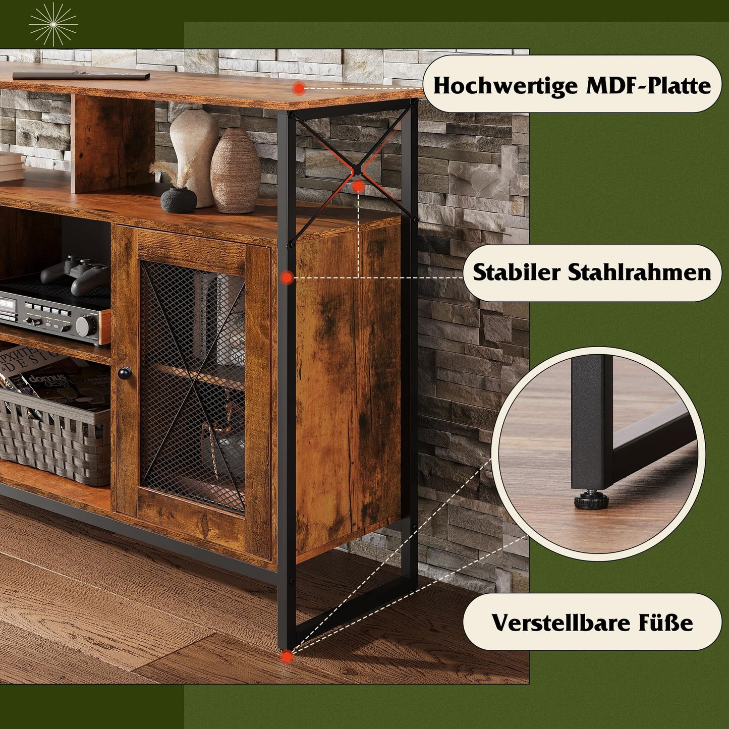 WLIVE Cabinet TV Schrank für Fernseher bis zu 55 Zoll, 128 × 36 × 82 cm Hoch TV Borad Fernsehschrank mit Verstellbaren Ablagen, Fernsehtisch mit Zwei Schränken, TV Tisch für Wohnzimmer
