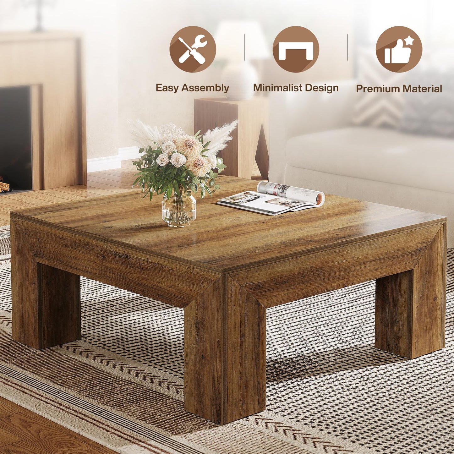 Tribesigns Coffee Table, Square Living Room Table, Coffee Table with Sturdy Wooden Feet for Couch Bedroom, 100 x 100 x 50 cm, Rustic Brown