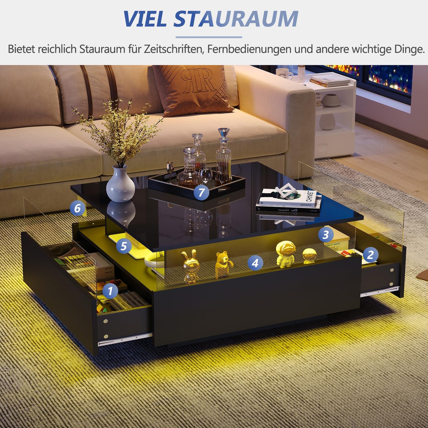 Modern High-Gloss LED Coffee Table with 2 Drawers and Transparent Presentation Area, Storage Space, Stable and Durable - Load Capacity up to 30 kg, Ideal for Living Room, 70 x 70 x 41 cm (Black)