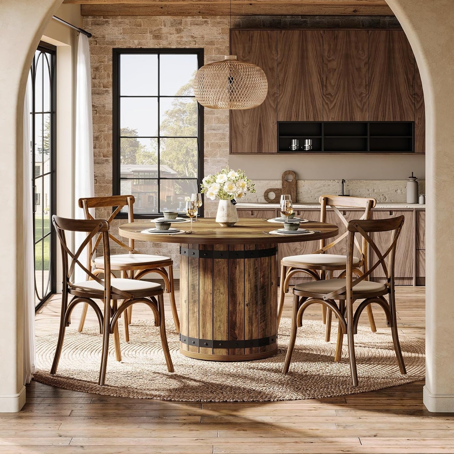 Tribesigns Round Dining Table, 100cm Kitchen Table for Dining Room and Living Room, Country Style Dining Table for 4 People with Wooden Fence Style Base (Table Only)