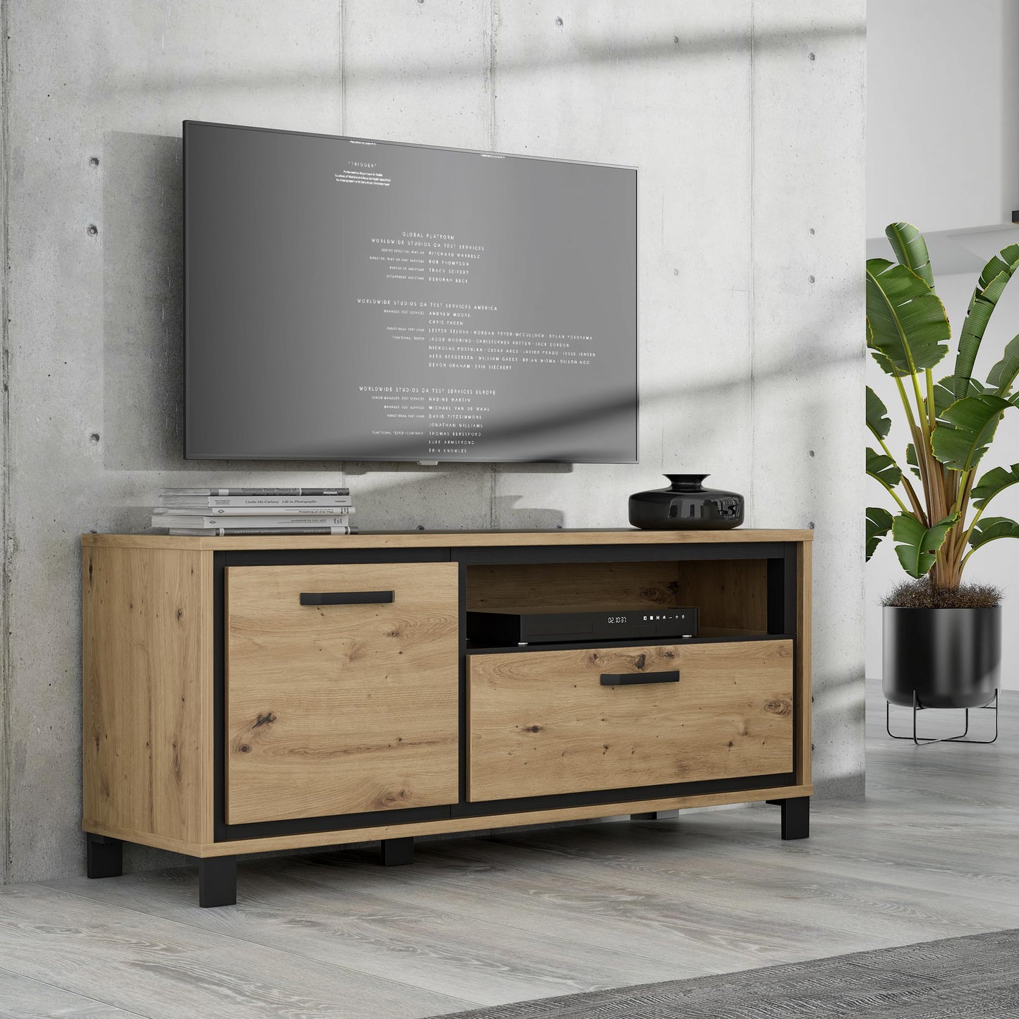 Forte TREBBIA TV Cabinet 150 160 Modern Cabinet with 2 Drawers Lowboard TV Rack Wood Composite Concrete Look Dark Grey/White High Gloss 152.7 cm Wide x 46.7 cm High x 51.7 cm Deep