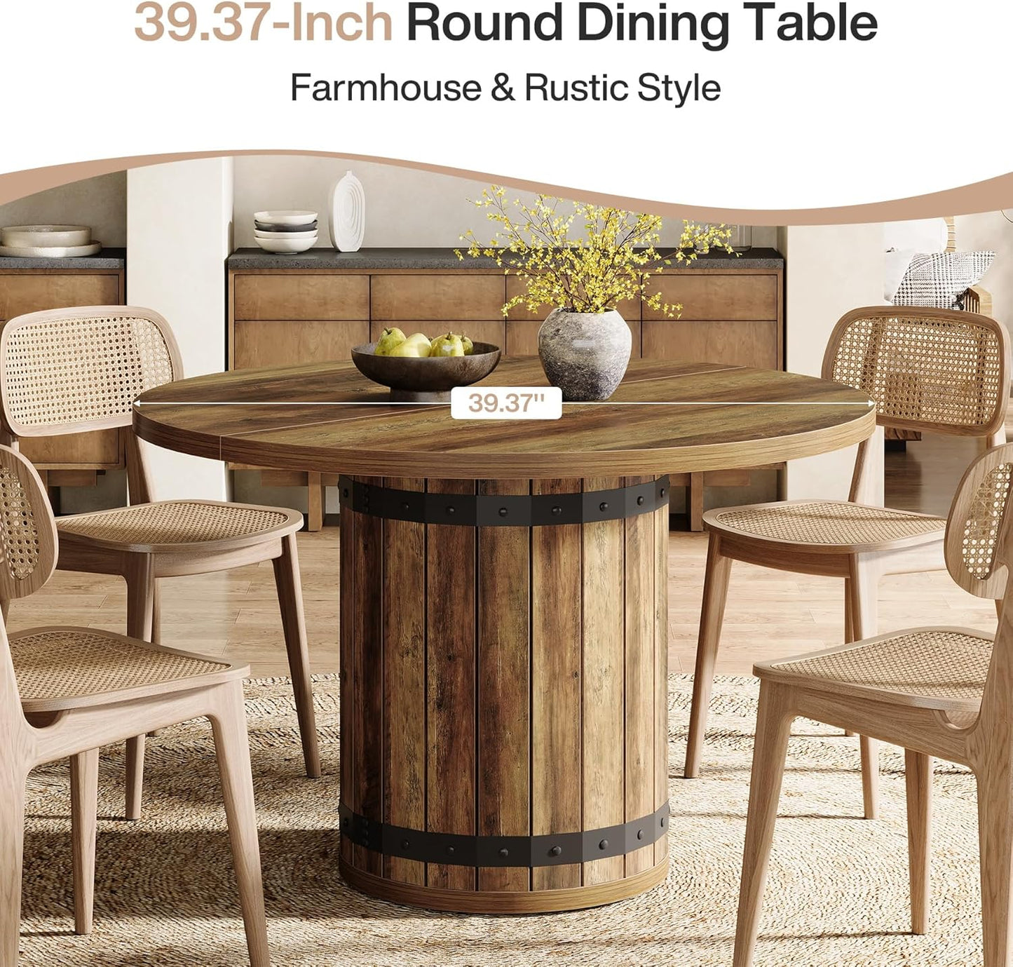 Tribesigns Round Dining Table, 100cm Kitchen Table for Dining Room and Living Room, Country Style Dining Table for 4 People with Wooden Fence Style Base (Table Only)