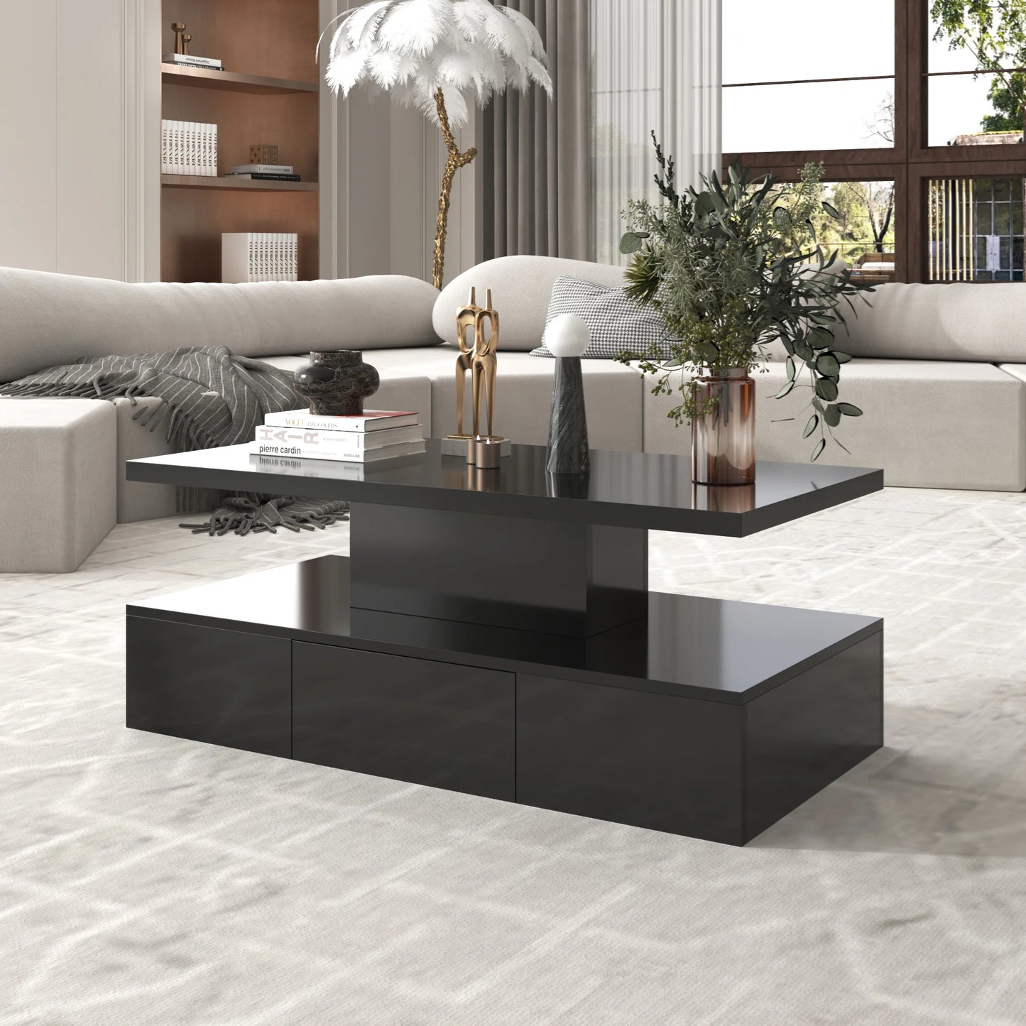 Coffee table with drawers, LED light and 2 storage levels, high gloss, black/white