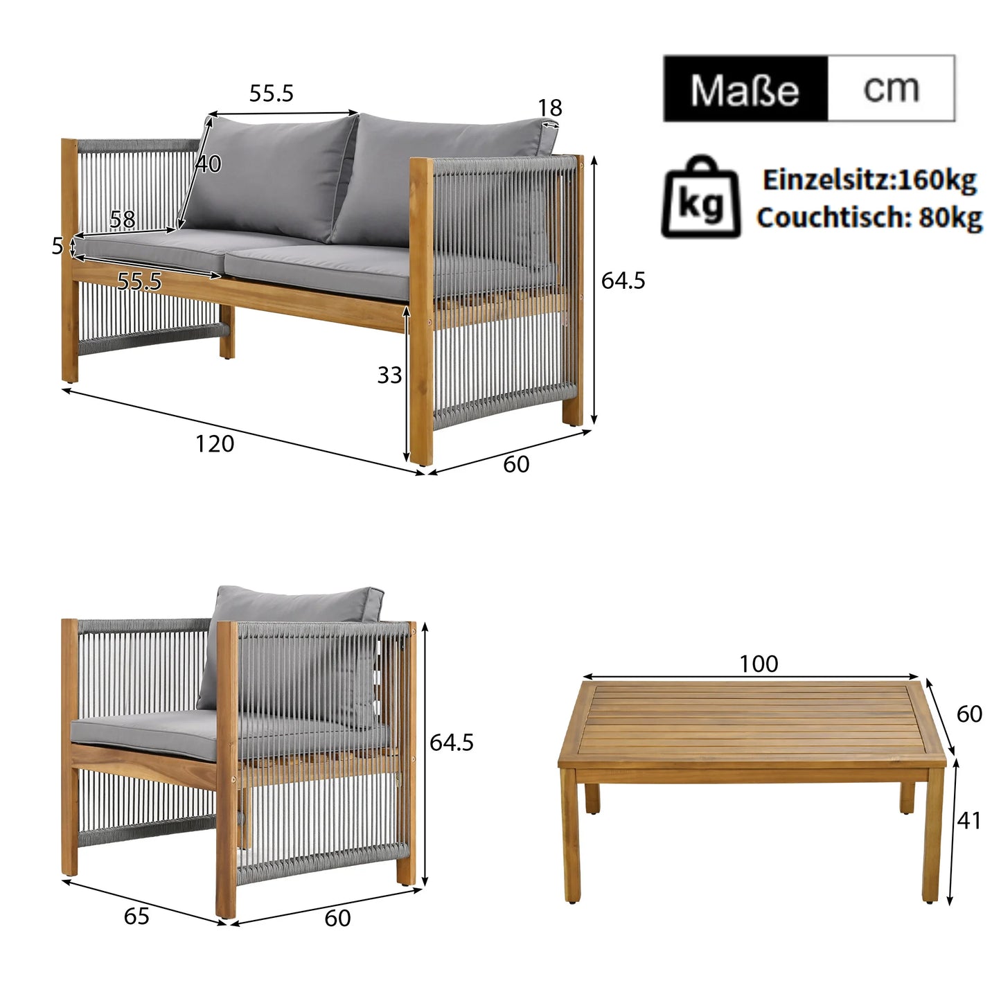 Merax Louneset garden furniture with Cushion Double Sofa 2 armchair table Outdoor table in Acacia Rattan Look Outdoor