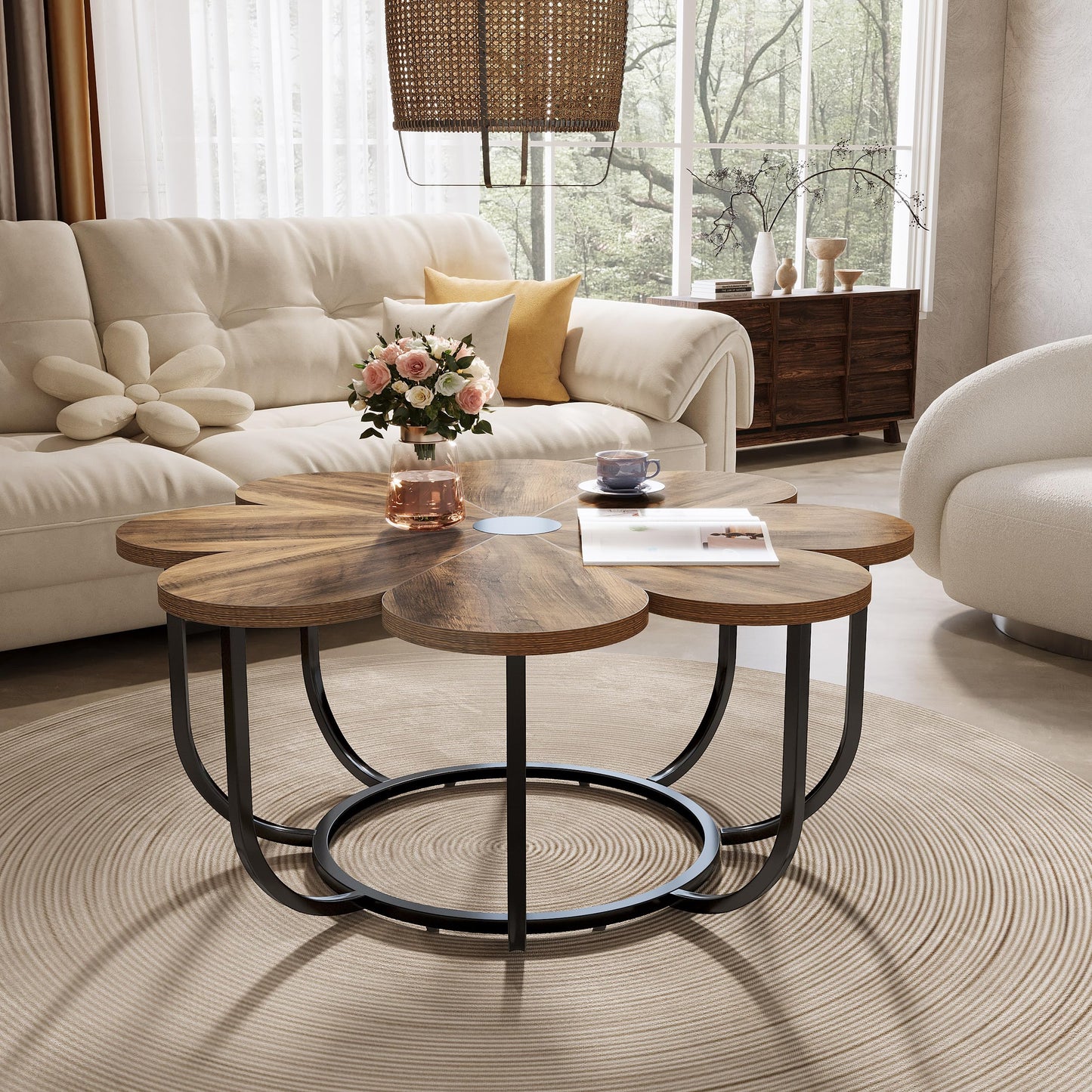 Tribesigns Coffee Table in White and Gold, Modern Coffee Table in Flower Shape with Faux Marble Top 100 cm Large Floral Accent Table with Metal Frame, Living Room Table, Sofa Table for Living Room