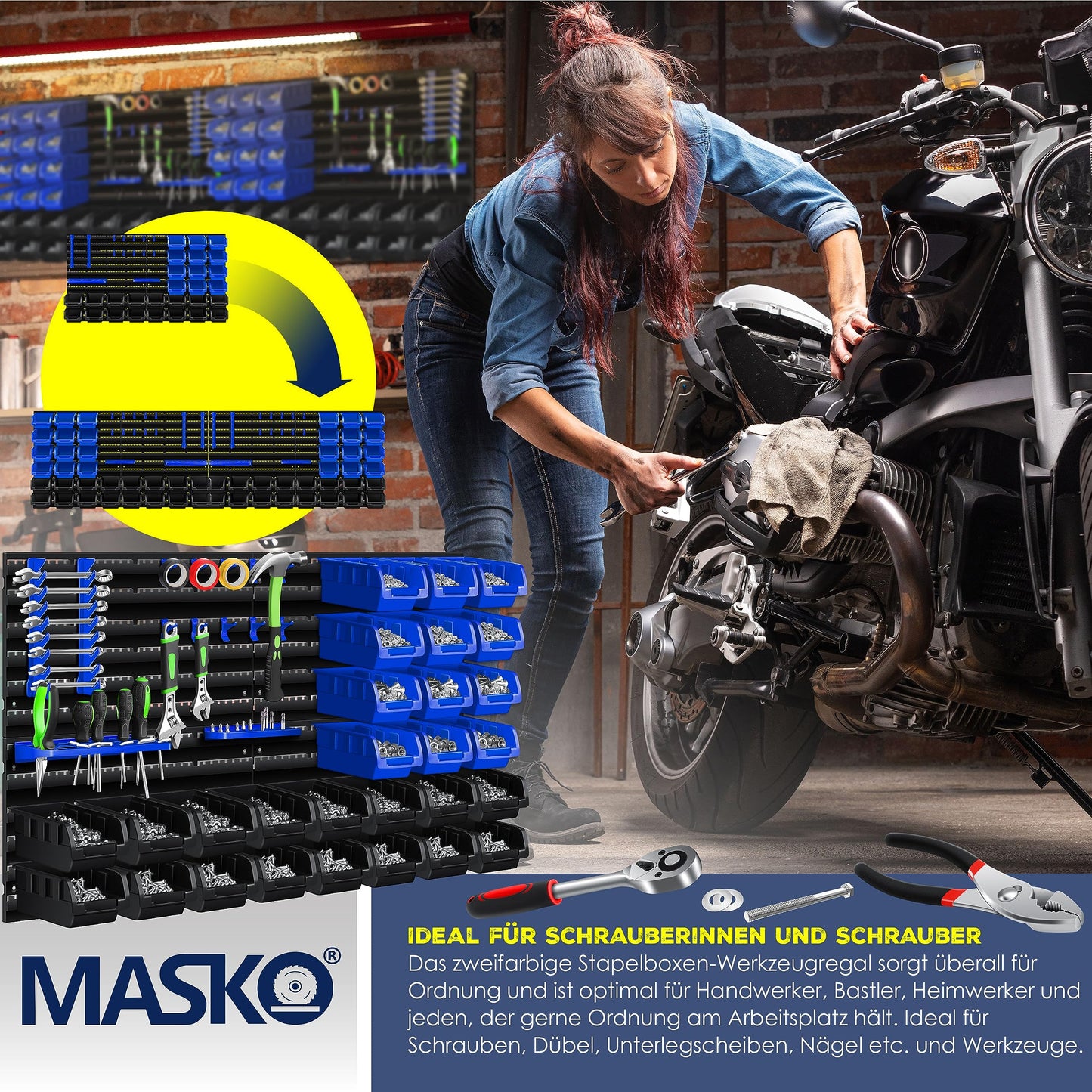 MASKO® Stacking Boxes, Wall Shelf, Tool Holder, 45-Piece Set, Expandable Storage Boxes, Storage Shelves, Boltless Hanging Shelf, Assortment Box, Small Parts Magazine Workshop Shelf, Black/Blue