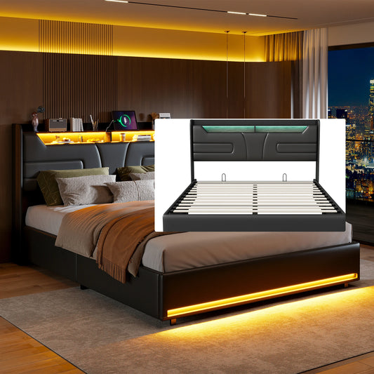 Wooden Aura 140 × 200 cm Upholstered bed hydraulic double bed with charging USB and LED LED strip with storage space under bed