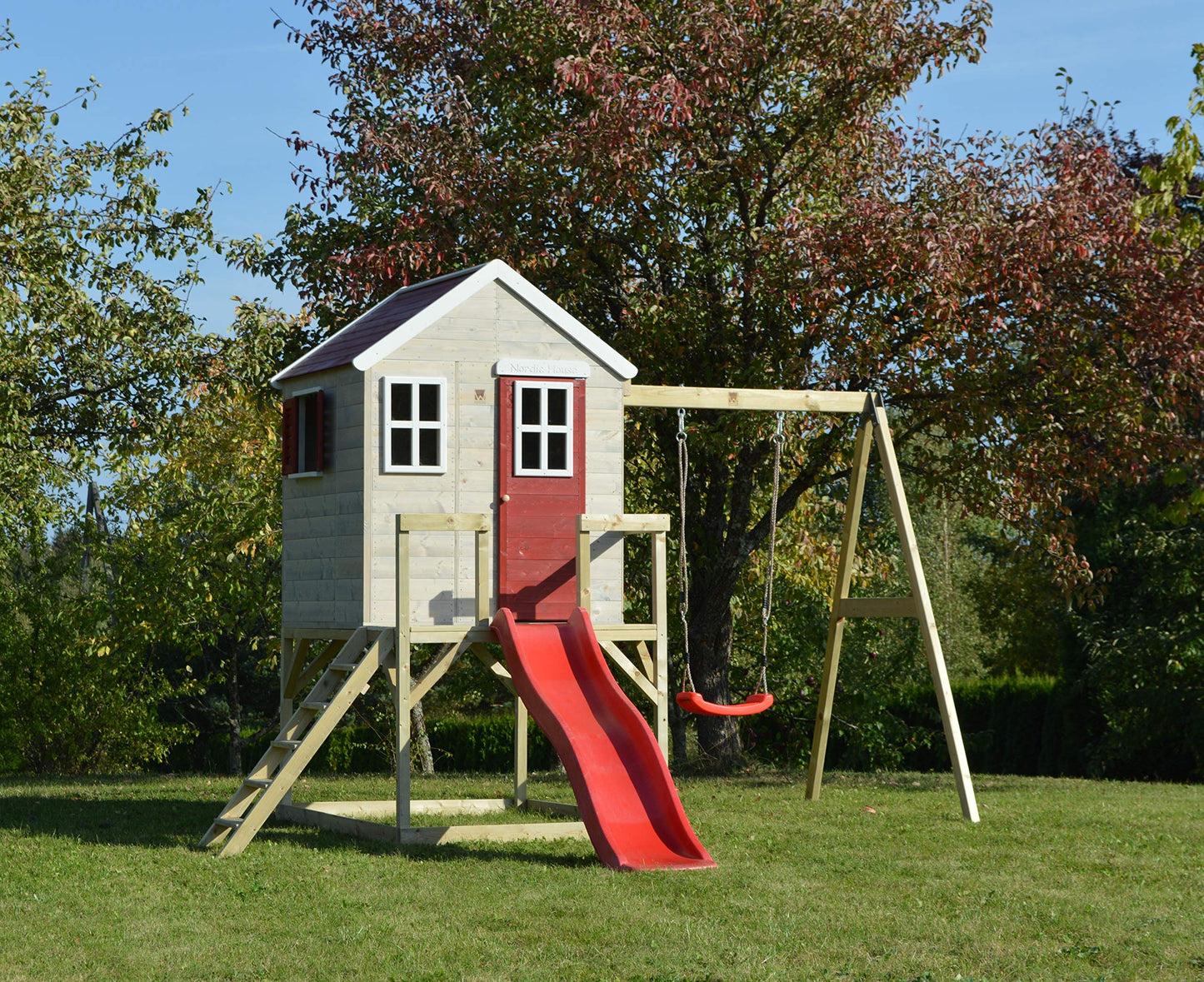 Wendi Toys M24G Children's Outdoor Stilt House with Slide and Swing, 330 x 350 x 242 cm, Grey, FSC Wood, Playhouse Children Outdoor with Swing & Plastic Slide for Garden, Playground for Garden