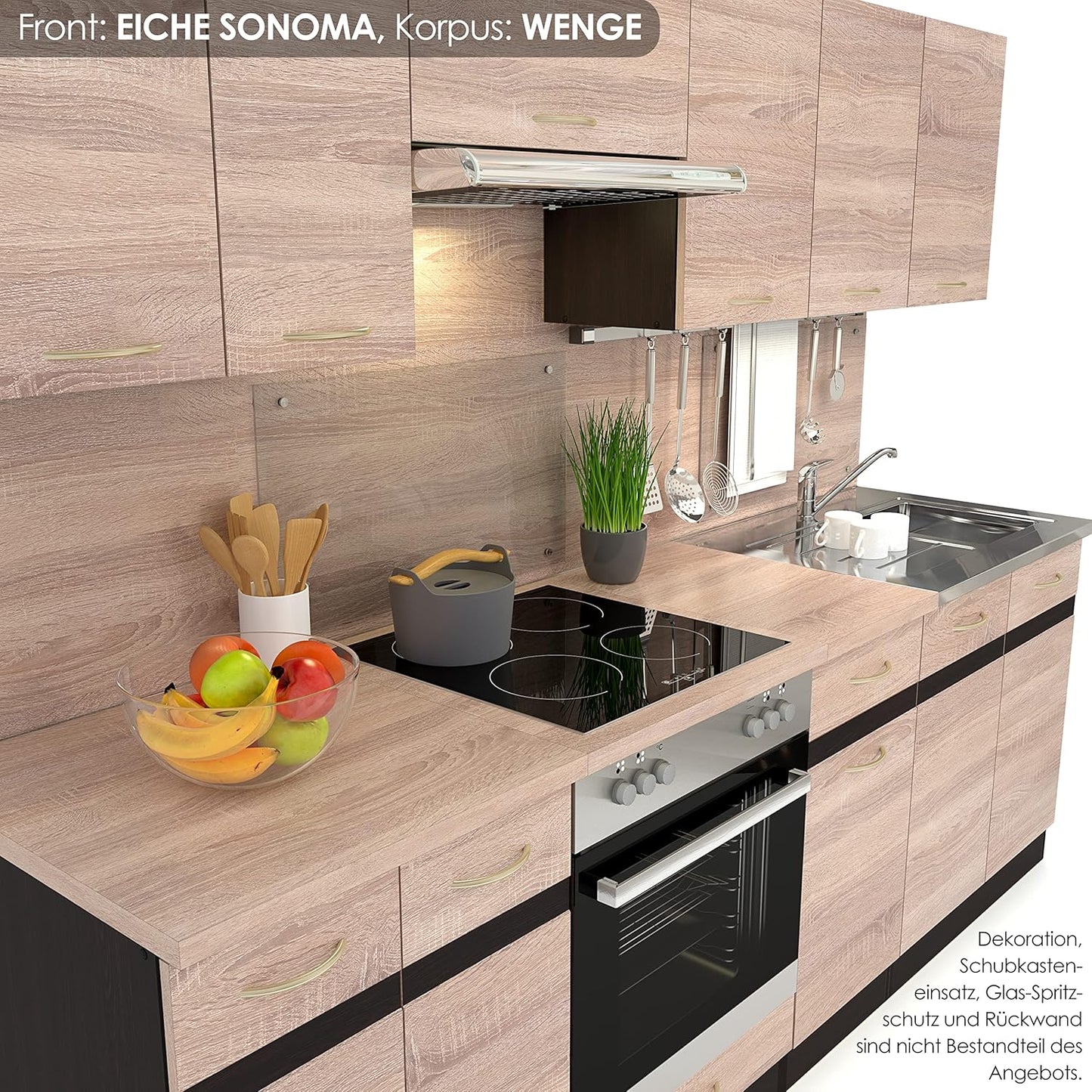 FIWODO Kitchen Unit with Electrical Appliances Extendible Kitchen in Sonoma Oak 240 cm with Sink, Mixer Tap, Cooker, Oven, Extractor Hood