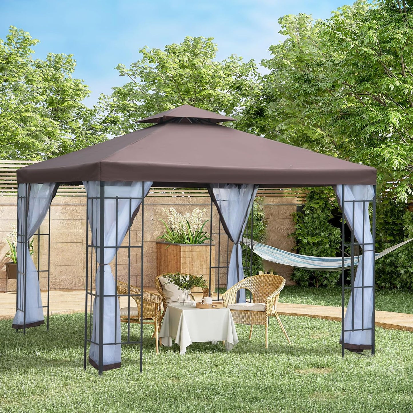 Outsunny Pavillon Gartenpavillon mit Moskitonetze Seitenwände, Partyzelt mit Doppeldach, Gartenzelt Festzelt 2,97x2,97m