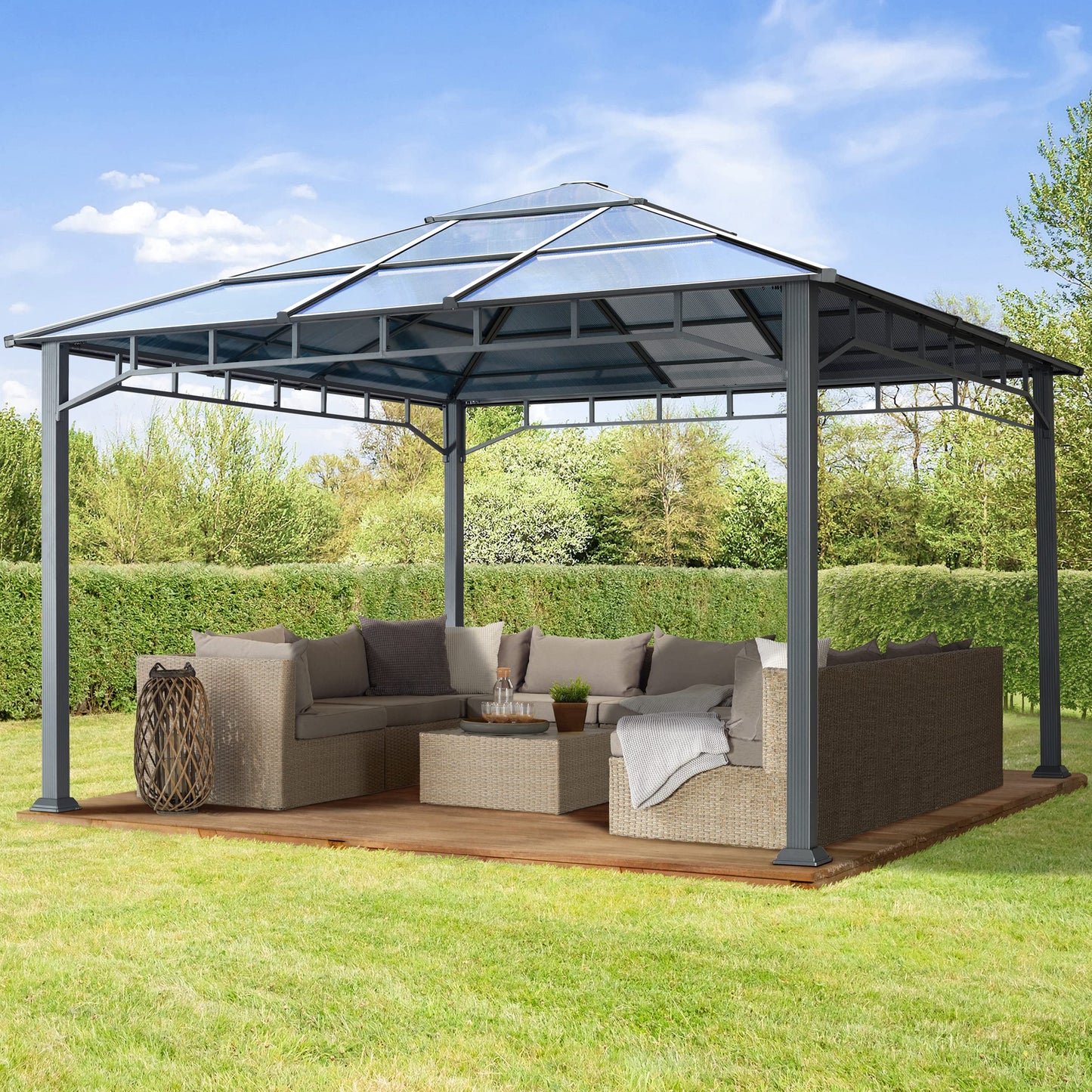 Toolport Garden Gazebo, 3 x 4 m, Waterproof, Aluminium, Deluxe, Polycarbonate Roof Approx. 8 mm, Gazebo with 4 Side Panels, Party Tent, Grey, 9 x 9 cm Profile