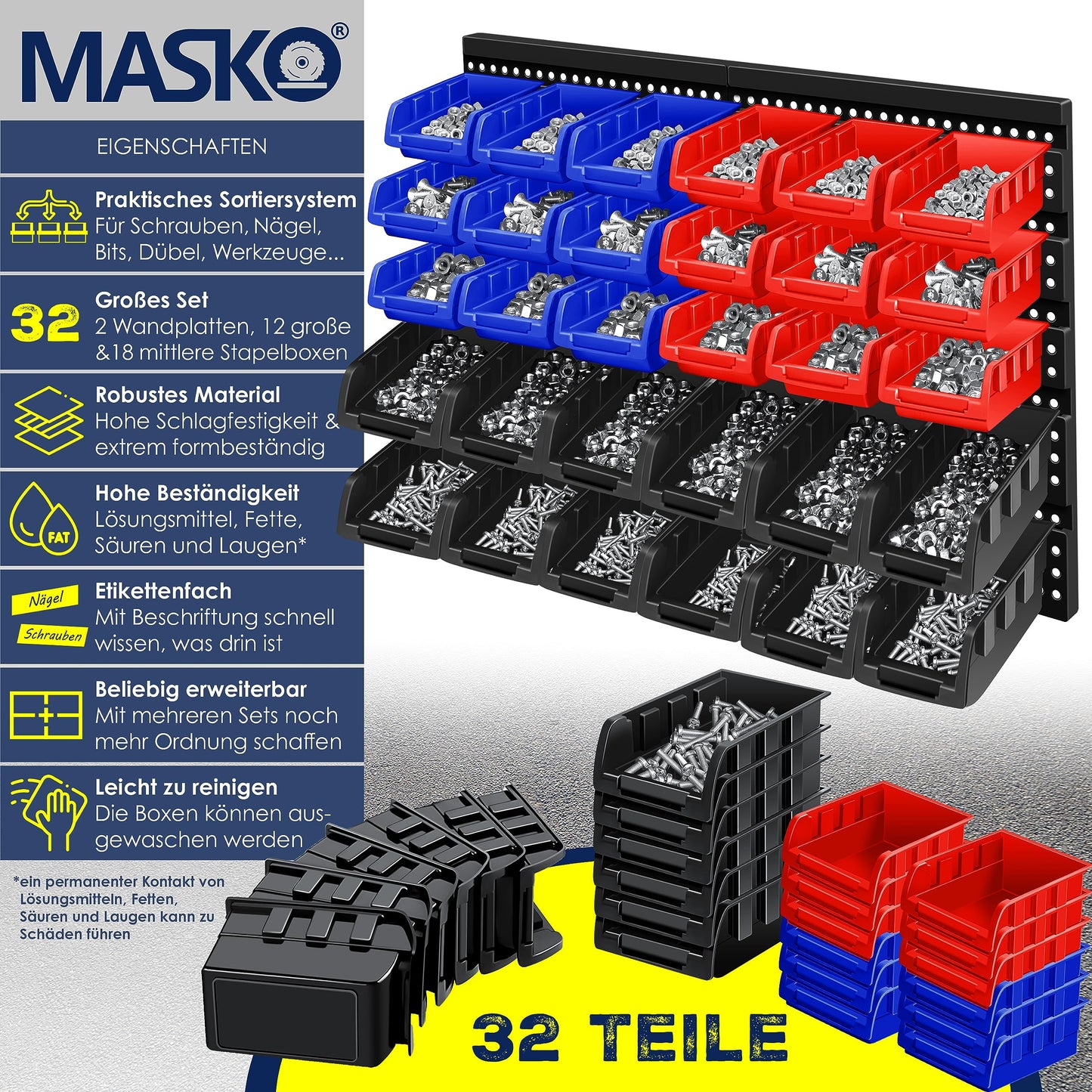 MASKO® Stacking Boxes, Wall Shelf, Tool Holder, 45-Piece Set, Expandable Storage Boxes, Storage Shelves, Boltless Hanging Shelf, Assortment Box, Small Parts Magazine Workshop Shelf, Black/Blue