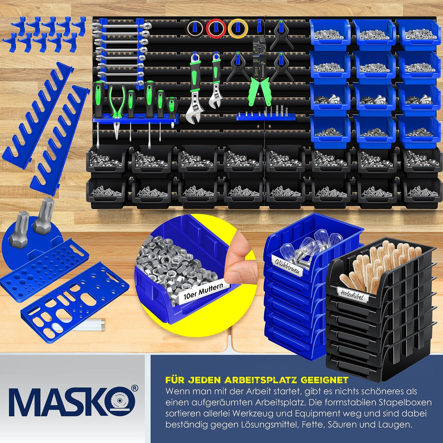 MASKO® Stacking Boxes, Wall Shelf, Tool Holder, 45-Piece Set, Expandable Storage Boxes, Storage Shelves, Boltless Hanging Shelf, Assortment Box, Small Parts Magazine Workshop Shelf, Black/Blue