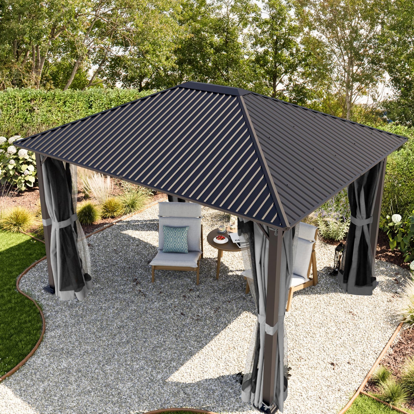 TOOLPORT Garden Gazebo 3 x 3 m with Steel Roof - Hardtop Gazebo with 4 Side Panels and Mosquito Nets in Cream