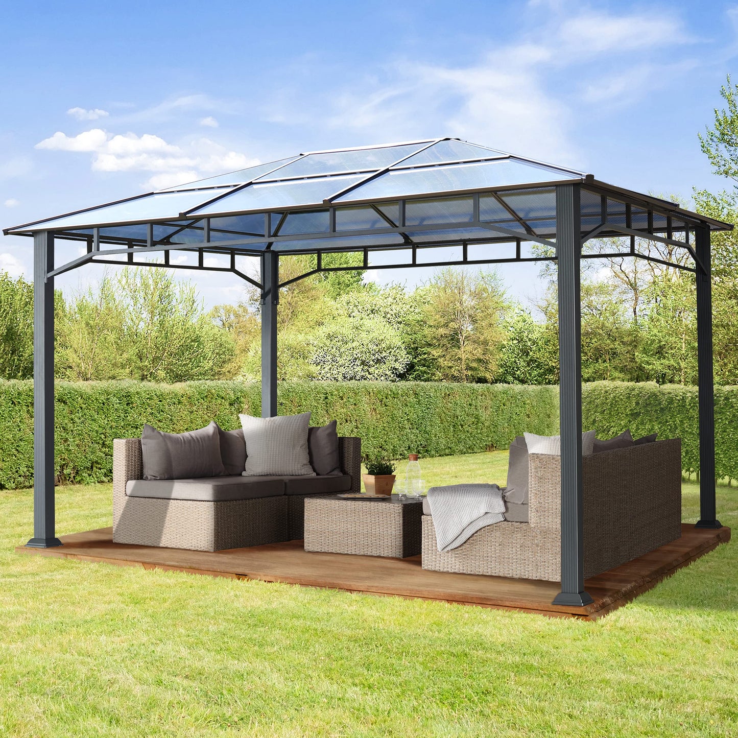 Toolport Garden Gazebo, 3 x 4 m, Waterproof, Aluminium, Deluxe, Polycarbonate Roof Approx. 8 mm, Gazebo with 4 Side Panels, Party Tent, Grey, 9 x 9 cm Profile