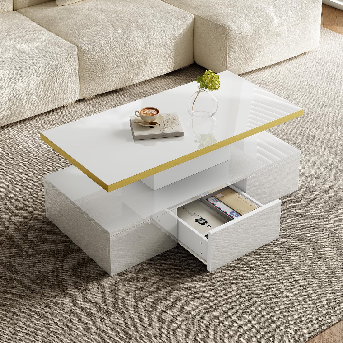 Merax High Gloss Coffee Table with LED, Modern Living Room Table with Storage Drawers, Multifunctional Side Table for Living Room, Rectangular Centre Table, Sofa Table, Coffee Table, Office, Black