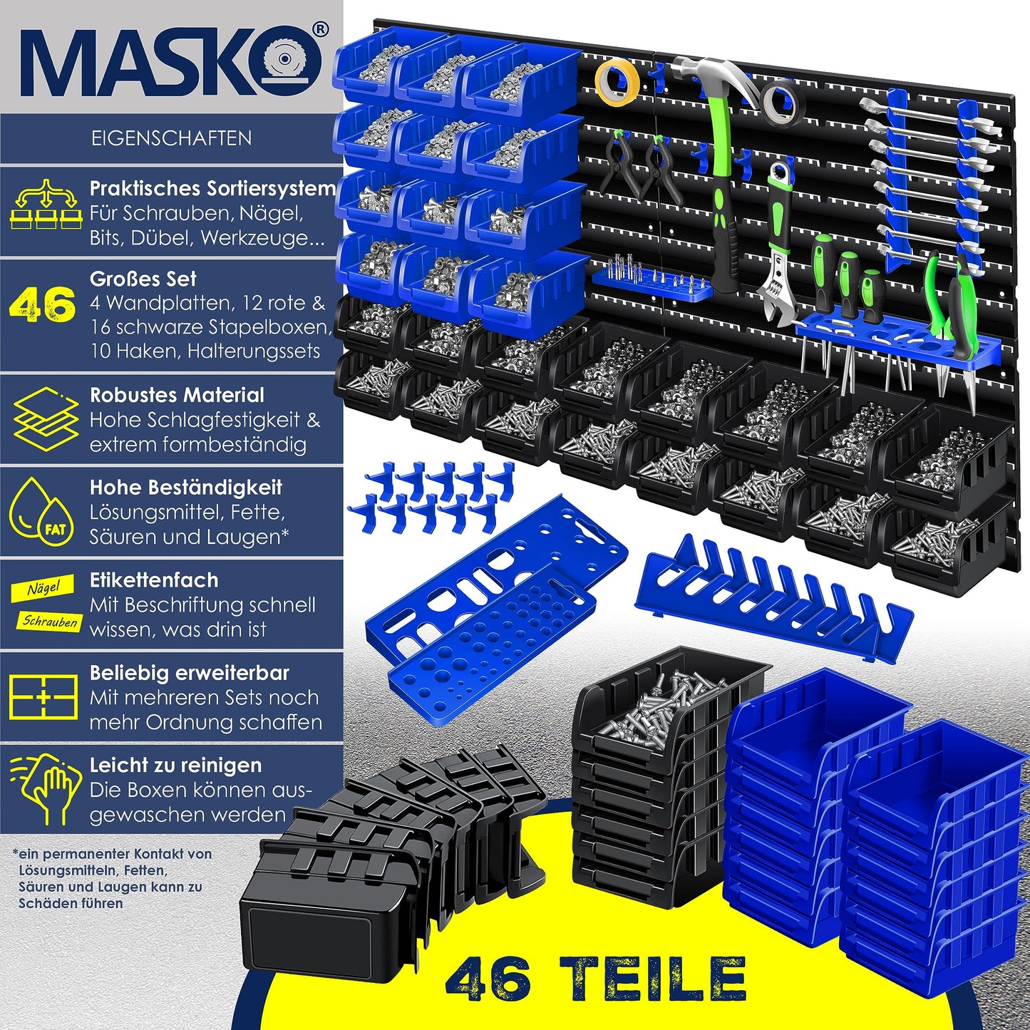 MASKO® Stacking Boxes, Wall Shelf, Tool Holder, 45-Piece Set, Expandable Storage Boxes, Storage Shelves, Boltless Hanging Shelf, Assortment Box, Small Parts Magazine Workshop Shelf, Black/Blue
