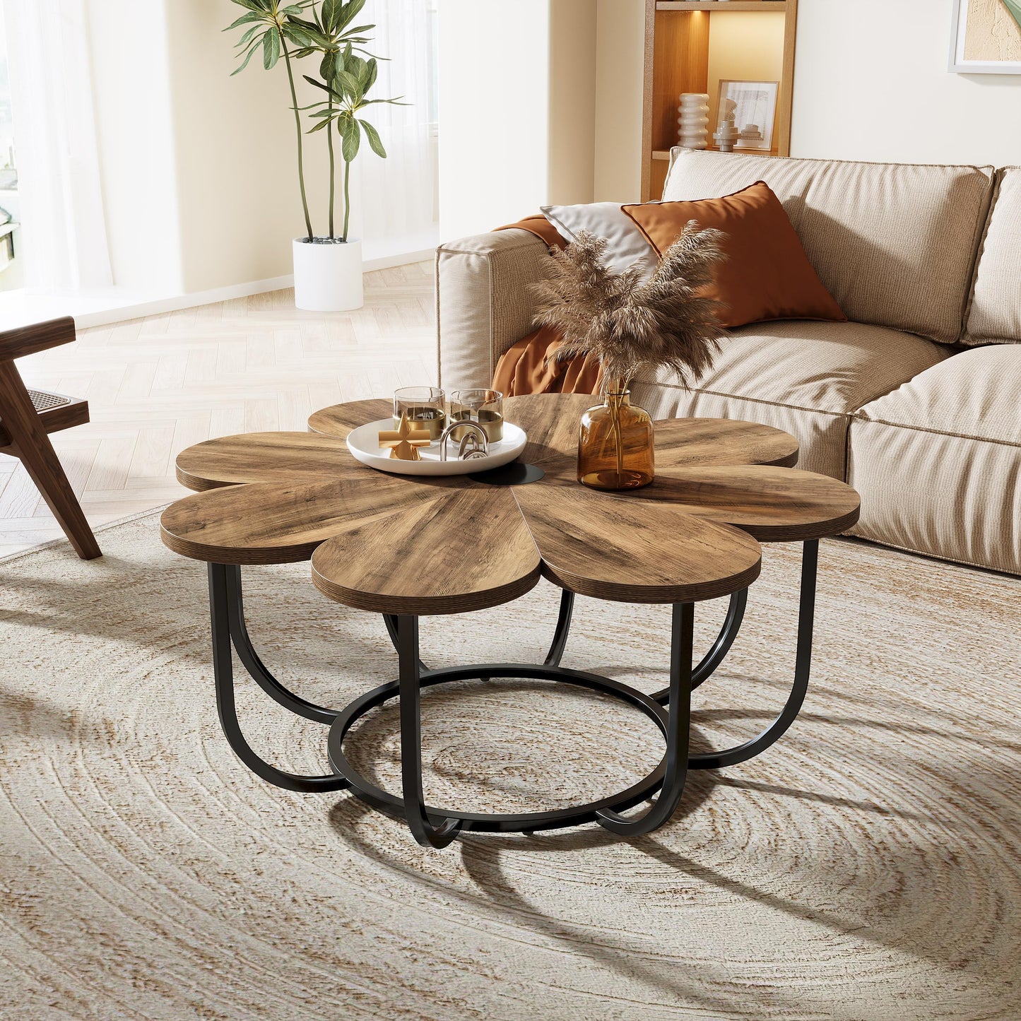 Tribesigns Coffee Table in White and Gold, Modern Coffee Table in Flower Shape with Faux Marble Top 100 cm Large Floral Accent Table with Metal Frame, Living Room Table, Sofa Table for Living Room