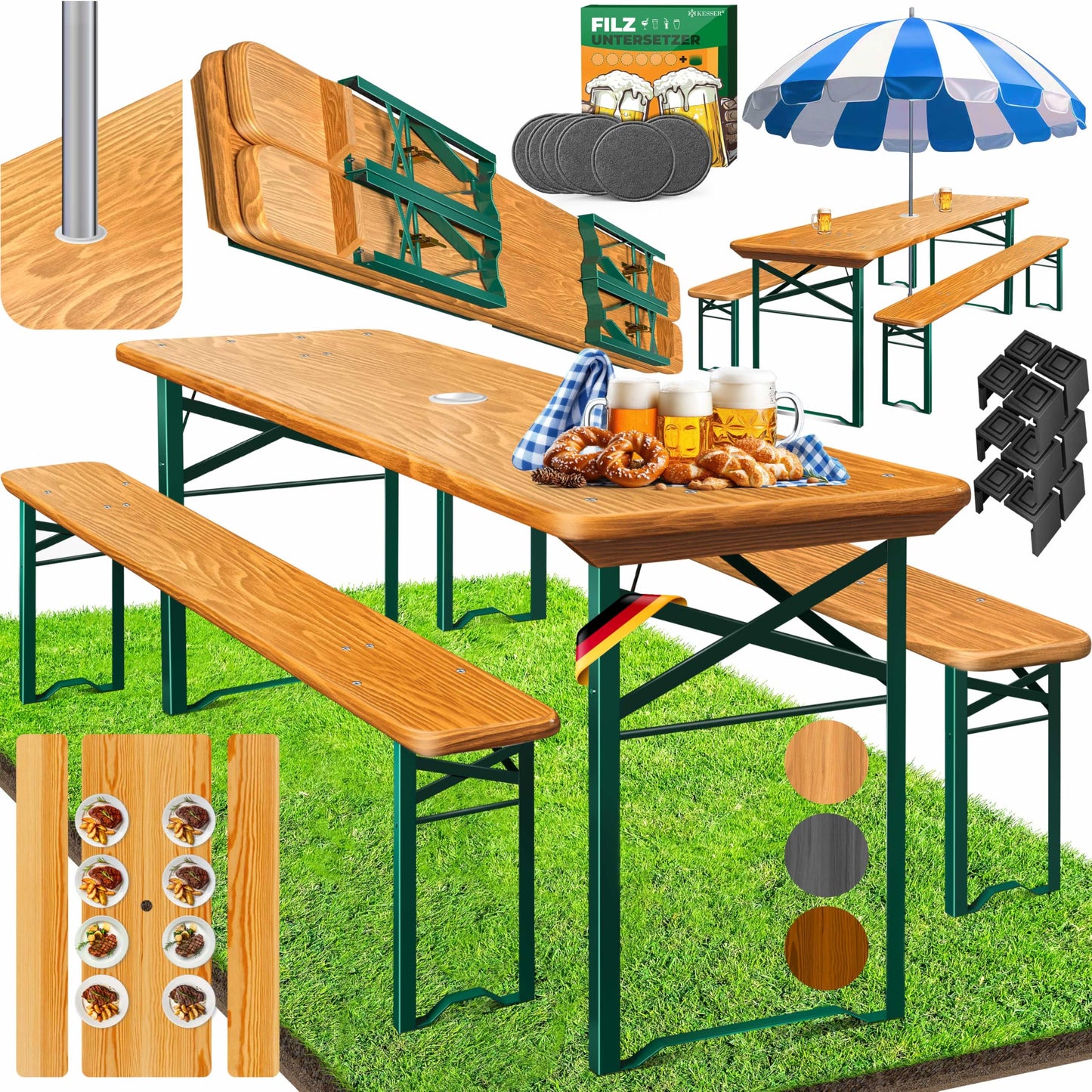 KESSER® Bierzeltgarnitur 3 teilig Gartenmöbel-Set | Klappbar 220 x 50 x 77cm | 2X Bierbänke 1x Biertisch | Festzeltgarnitur Biertisch Stehtisch Sitzgarnitur Holz 16-teiliges Bodenschoner-Set