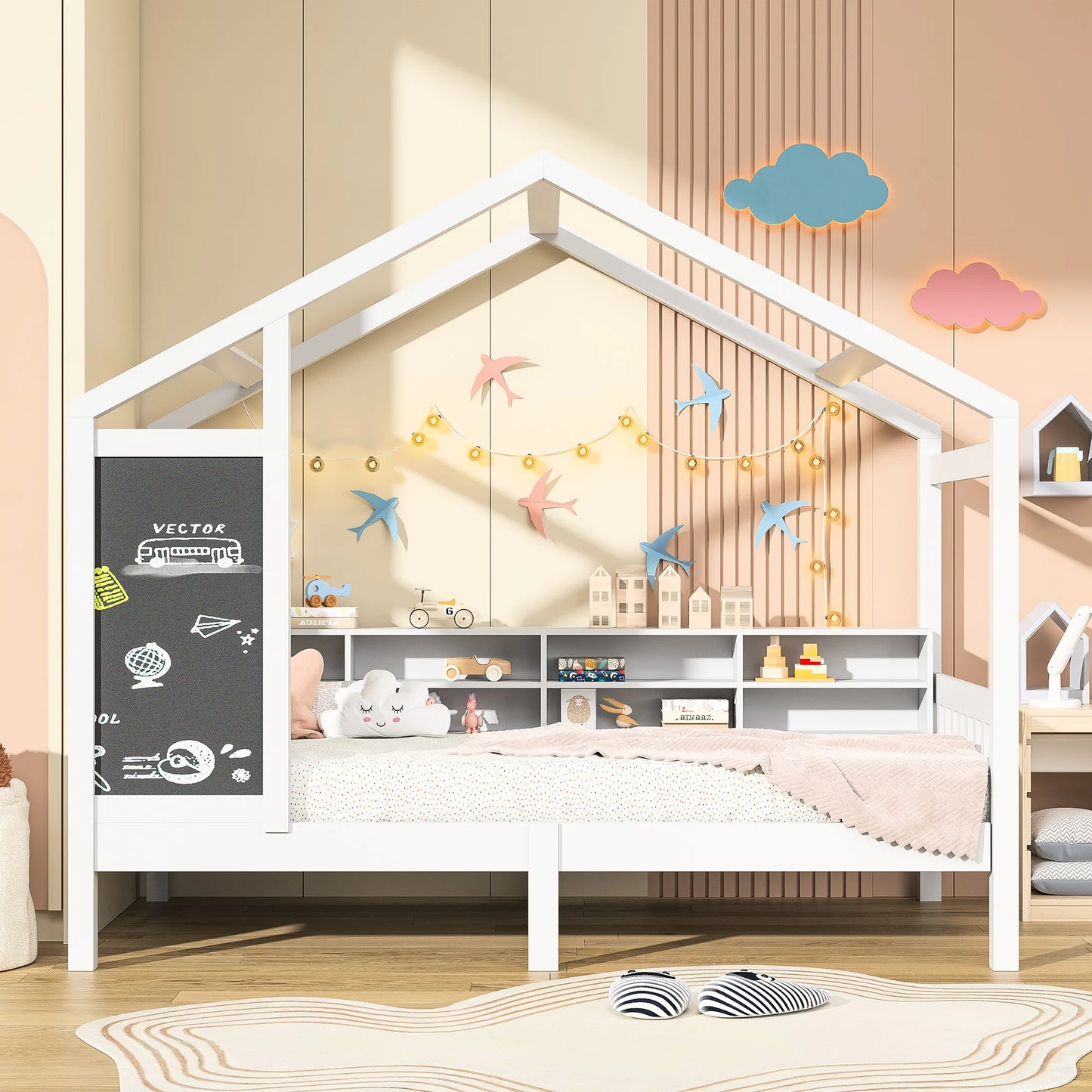 Children's house bed 90 x 200 cm, wooden bed with blackboard and Storage Space, solid wood with slatted frame,(without mattress)