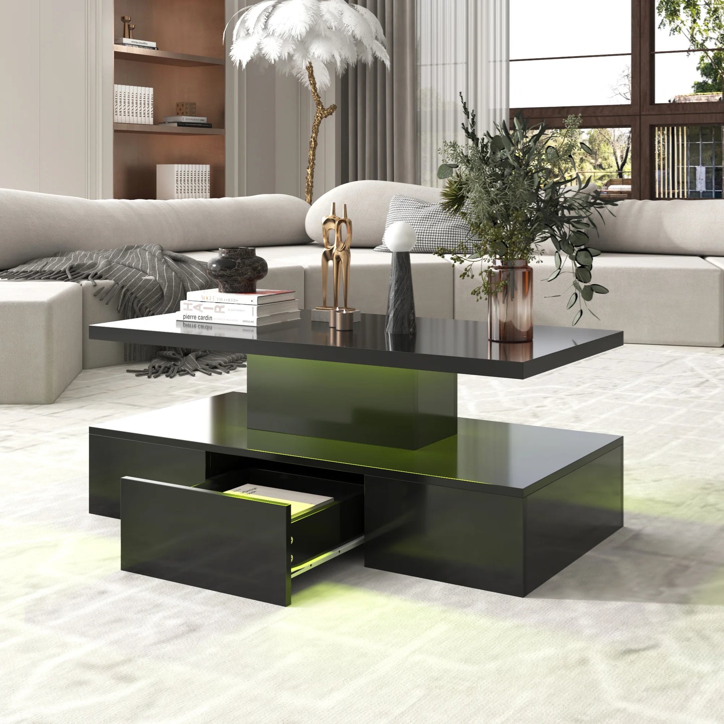 Coffee table with drawers, LED light and 2 storage levels, high gloss, black/white
