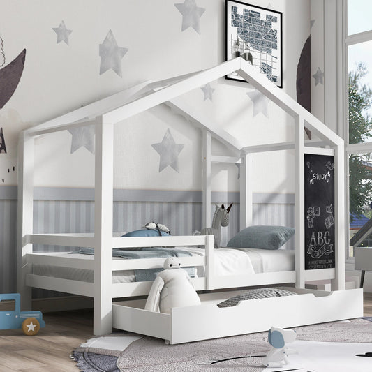 White Children's house bed 90x200 cm solid wood fence slatted frame belt blackboard and 2 drawers wooden bed (without mattress)