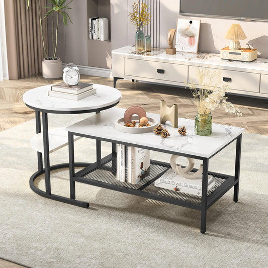 2-in-1 Coffee Table, Side Table with Metal Frame, Round and Rectangular Coffee Table for Living Room and Bedroom, Black