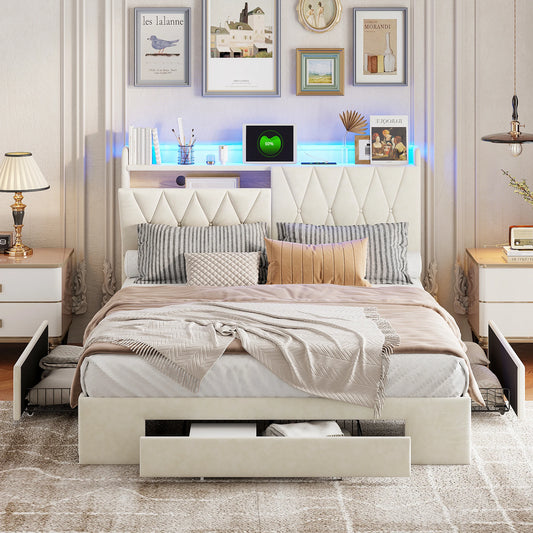 Rosahqnda Upholstered Double Bed with LED&USB&Drawers 140-160*200cm Storage youth Bed multifunctional headboard,velvet beige
