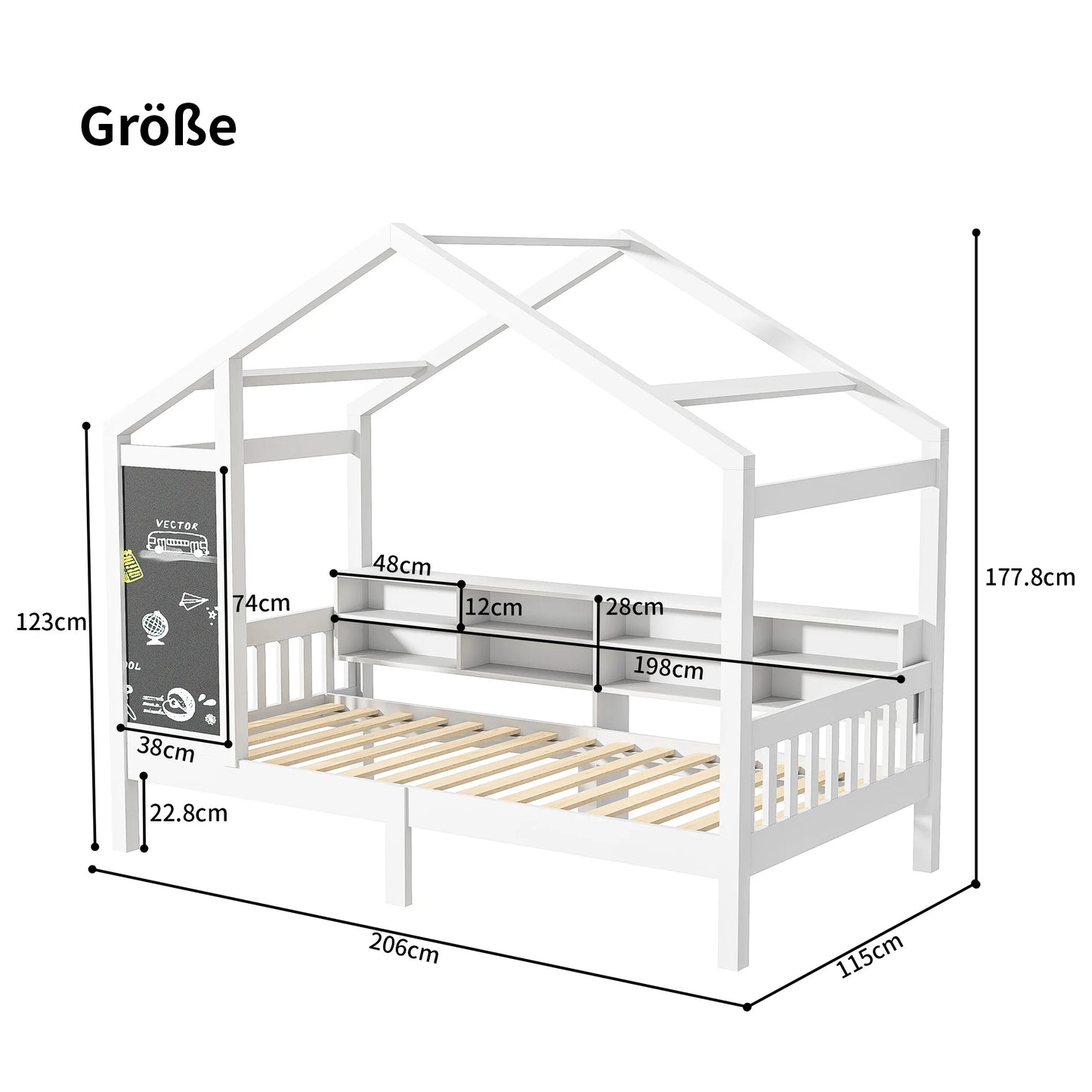 Children's house bed 90 x 200 cm, wooden bed with blackboard and Storage Space, solid wood with slatted frame,(without mattress)
