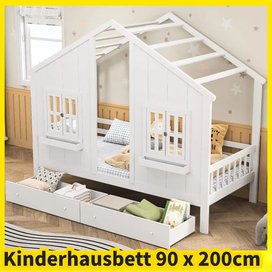 90 x 200 cm Children's Bed with 2 Drawers, Youth Bed, House Bed with Slatted Frame , for Boys and Girls, white