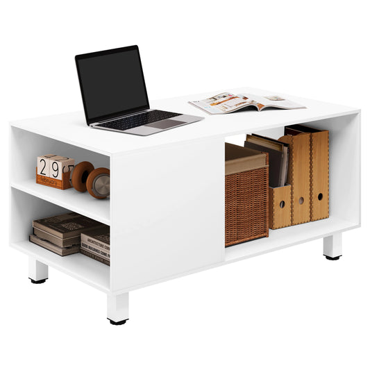 WOLTU White Coffee Table with Storage Living Room Table Side Table with Shelf 2 Side Compartments for Sofa Couch Home Decor