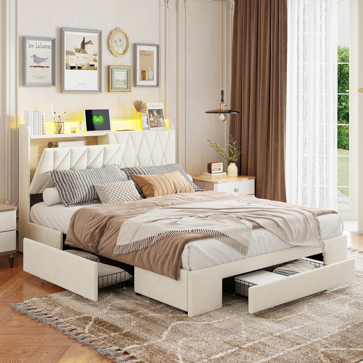 Rosahqnda Upholstered Double Bed with LED&USB&Drawers 140-160*200cm Storage youth Bed multifunctional headboard,velvet beige
