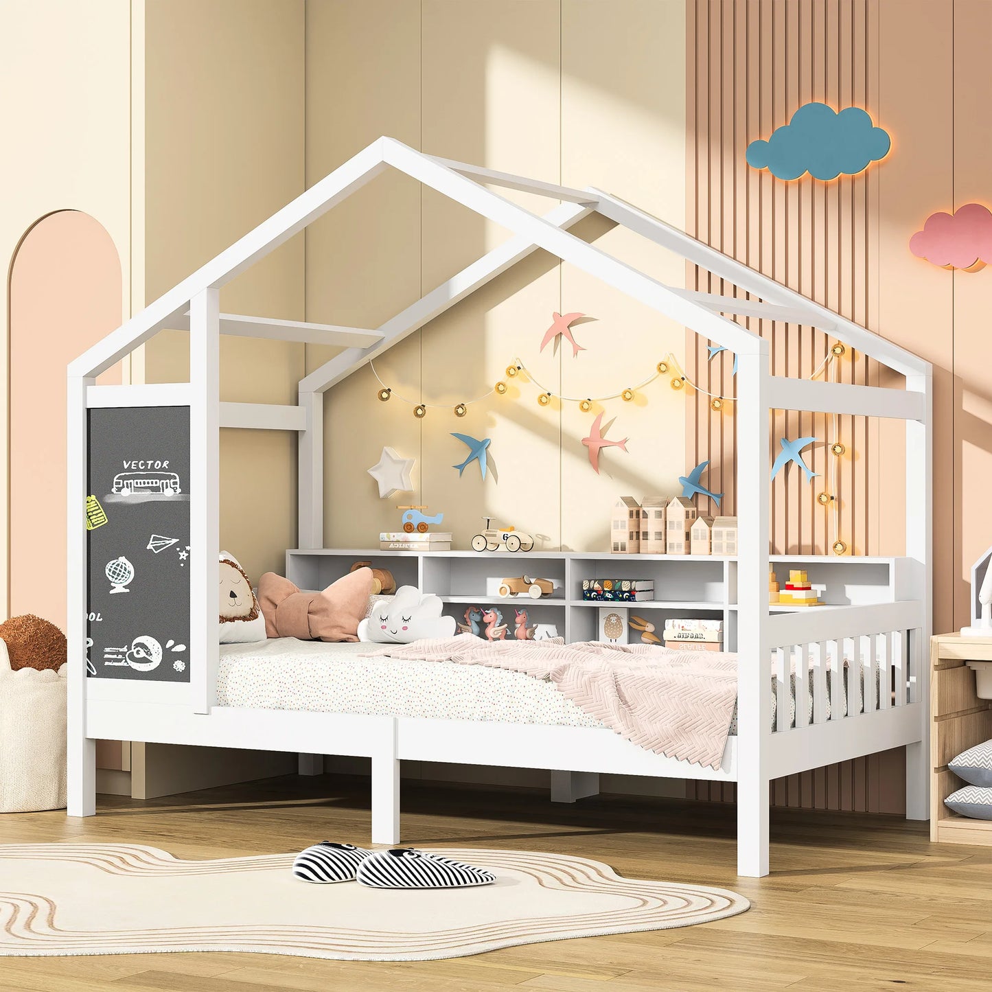Children's house bed 90 x 200 cm, wooden bed with blackboard and Storage Space, solid wood with slatted frame,(without mattress)