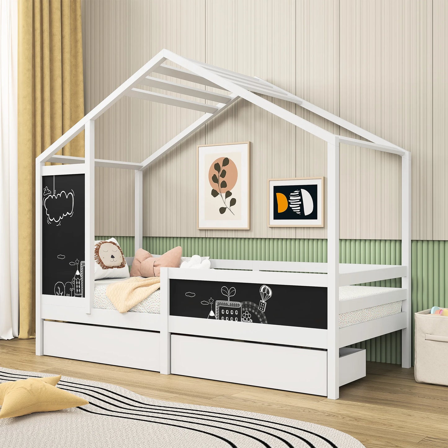 Comanlai Children's house bed 90 x 200 cm, wooden bed with blackboard and 2 drawers, solid wood with fence and slatted frame