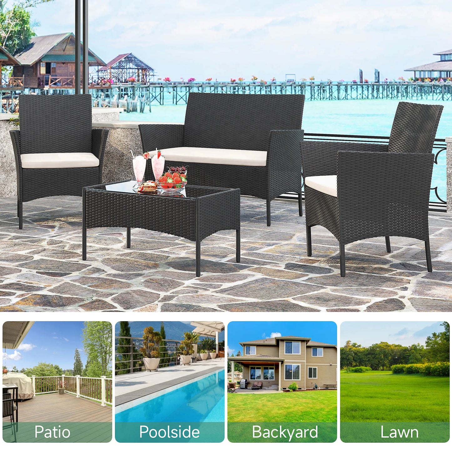 Bigzzia Outdoor furniture Set Home 4PCs Patio Rattan furniture sofa Weaving Wicker Corner Sofa Couch Patio Furnitures Garden