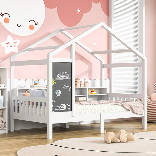 Children's house bed 90 x 200 cm, wooden bed with blackboard and Storage Space, solid wood with slatted frame,(without mattress)
