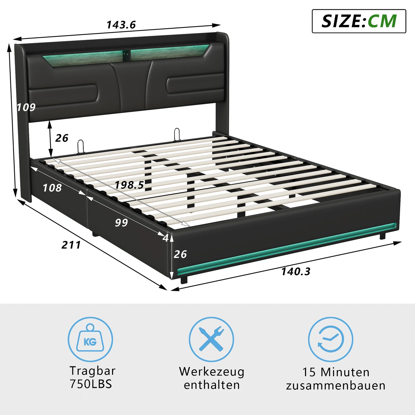 Wooden Aura 140 × 200 cm Upholstered bed hydraulic double bed with charging USB and LED LED strip with storage space under bed