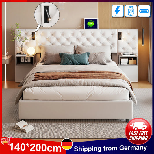 Anajqaqia Upholstered Bed 140x200cm,with Extra Wide Headboard & Reading Light & USB,Double Bed with Bedside Table,Hydraulic Bed