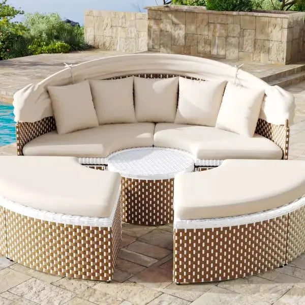 Merax garden lounge armchair set, Sun Island, rattan table & Chairs, shell bed, pull-out canopy, beige, pillow incl.