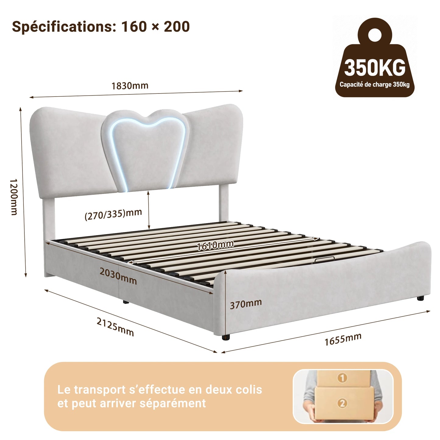 Rosahqnda Double Bed 140-160*200cm,Upholstered Storage Bed,hydraulic Functional bed with LED,youth bed,Adult Bed,velvet,Beige